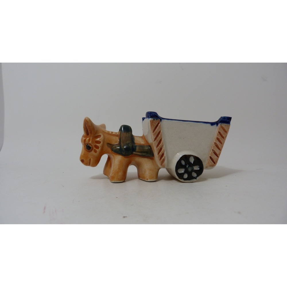Vintage Ceramic Donkey Pulling Cart Figurine Hand Painted Glazed Burro